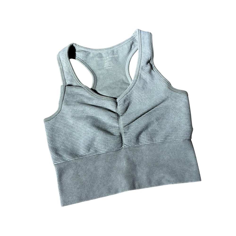 Harmony & Balance Ribbed Ruched Sports Bra Womens XS Sage Green Acid Wash Bra